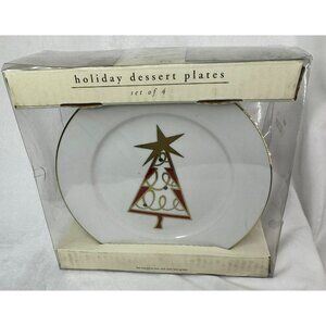 New PIER ONE Holiday CHRISTMAS TREE Red & Green DESSERT / SALAD Plates SET OF 4